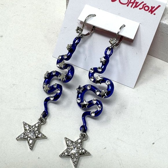 Betsey Johnson Cobalt Blue Rhinestone Shake & Star Earrings Leaver backs Silver - Picture 4 of 9